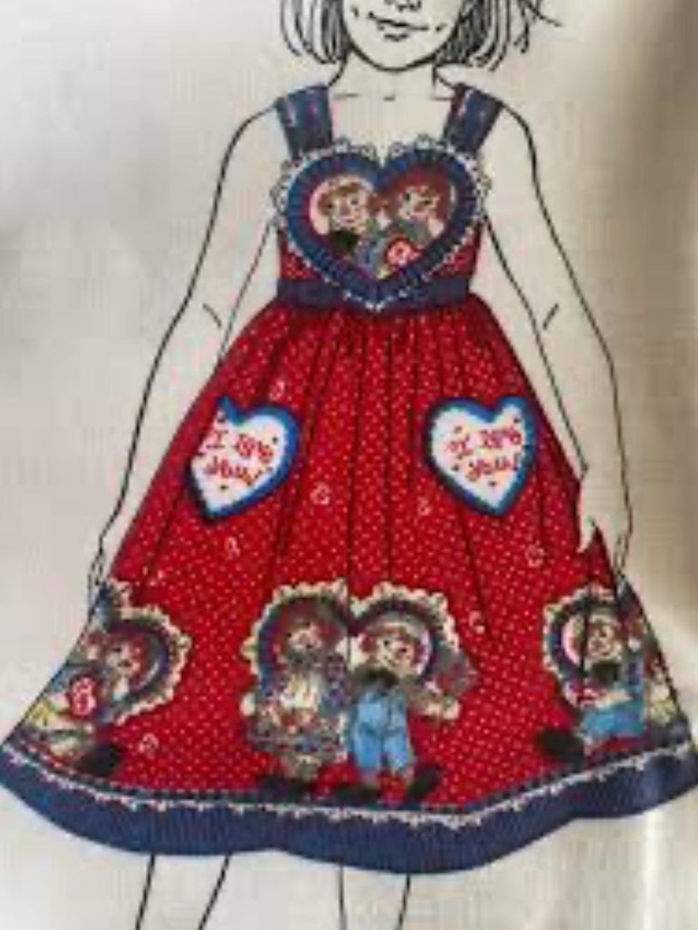 Vintage 90s Daisy Kingdom Raggedy Ann & Andy Heart Pinafore Dress